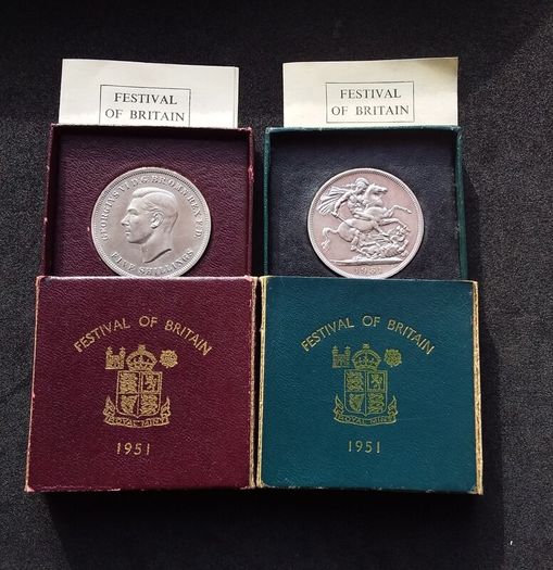 1951 Festival of Britain Crown Coins,- Complete Matching Pair ( Maroon and Teal Sets )