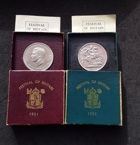 1951 Festival of Britain Crown Coins,- Complete Matching Pair ( Maroon and Teal Sets )