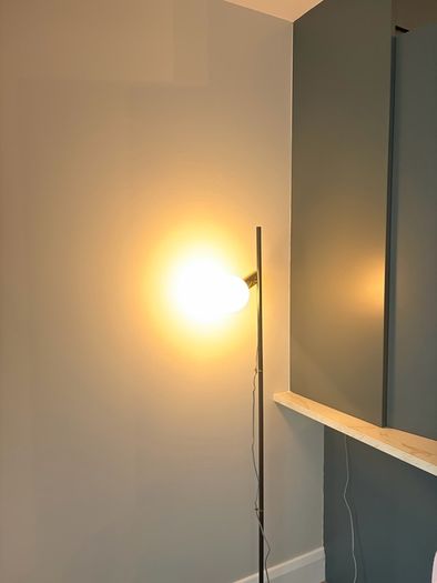 Made.com Modern Floor Lamp. Black & Brass with Frosted Glass Globe