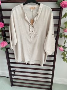 Beige linen mix blouse with frilled detail large /XLarge