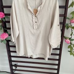 Beige linen mix blouse with frilled detail large /XLarge