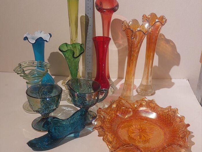 Fabulous Pair of Antique/Vintage Imperial Glass Company Carnival Glass Ripple Swung Vases in the Ombre Marigold Opalescent Colourway, Circa 1907 -1930, Priced as a Pair