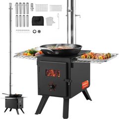 Wood Stove Alloy Steel Camping Tent Stove Portable Wood Burning Stove with Chimney Pipes & Gloves with 8 Pipes
