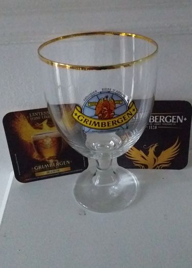 Grimbergen Half Litre , Gold Rimmed Goblet Style , Beer Glass and 2 Beer Mats