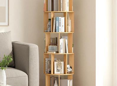 5-Tier Rotating Bookshelf Bookcase (Wooden) 360-Degree Spinning Shelf, White, Space-Saving Storage Organizer for Books,Toys, Crafts