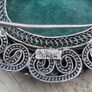 Antique Silver Filigree Enamel Green Aventurine Cabochon Brooch 14g Image 3