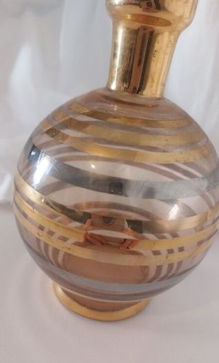 Fabulous Vintage Retro Mid-Century-Modern Small Pale Pink Glass Decanter with Gold and Silver Gilt Banding Plus Five Liqueur Glasses, Irice, Czechoslovakia