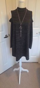 Charcoal Cold Shoulder Tunic Dress High Neck Long Sleeve Soft Knit UK 16