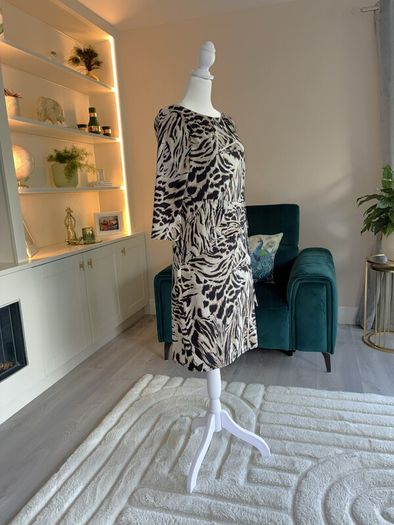 Wallis Ladies Knee-length Black and Beige Animal-print Dress with gathered side tie.
