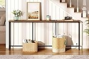 Narrow Console Table with Power Outlet, 18 cm Skinny Sofa Table, Long Behind Couch Table with Charging Station, for Entryway, Hallway, Living Room, Rustic Brown and Black