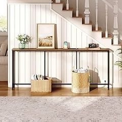Narrow Console Table with Power Outlet, 18 cm Skinny Sofa Table, Long Behind Couch Table with Charging Station, for Entryway, Hallway, Living Room, Rustic Brown and Black