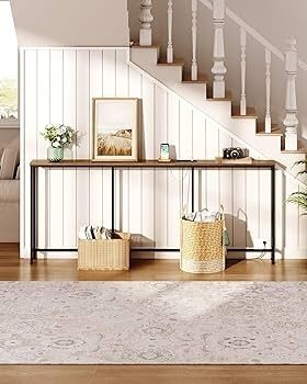 Narrow Console Table with Power Outlet, 18 cm Skinny Sofa Table, Long Behind Couch Table with Charging Station, for Entryway, Hallway, Living Room, Rustic Brown and Black