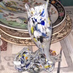 Rare 1960s Handmade Murano Style End of Day Splatter Glass Fish Ashtray Vase