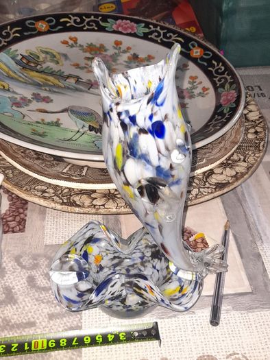Rare 1960s Handmade Murano Style End of Day Splatter Glass Fish Ashtray Vase