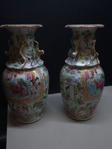 Pair of Vintage Chinese Hand Painted Porcelain Vases 23cm