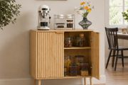 Coffee Bar Cabinet, Mid Century Fluted Coffee Bar Table with 2-Tier Storage, Buffet Stand Cabinet with 2 Barn Door, Sideboard Buffet Station for Living Room