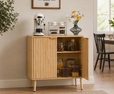 Coffee Bar Cabinet, Mid Century Fluted Coffee Bar Table with 2-Tier Storage, Buffet Stand Cabinet with 2 Barn Door, Sideboard Buffet Station for Living Room