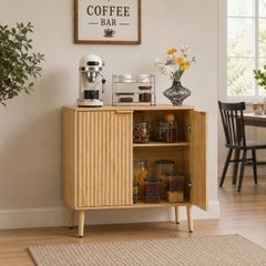 Coffee Bar Cabinet, Mid Century Fluted Coffee Bar Table with 2-Tier Storage, Buffet Stand Cabinet with 2 Barn Door, Sideboard Buffet Station for Living Room