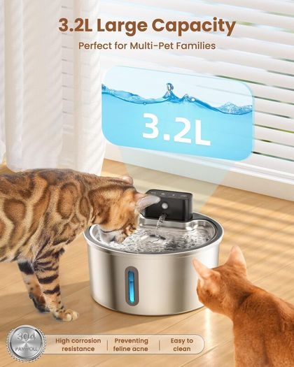 Wireless Cat Water Fountain for Drinking, 3.2L Cat Fountain Stainless Steel Cordless Pet Water Dispenser Battery Operated Motion Sensor Silent Rechargeable Water Fountain for Cats