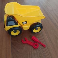 Yellow toy dump truck with take-apart tools