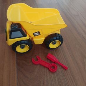 Yellow toy dump truck with take-apart tools