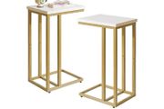 Set of 2 Small Side Table for Laptop, End Table for Sofa, Couch Table with Metal Frame for living Room, Bedroom, Balcony, White and Gold Metal Frame