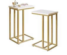 Set of 2 Small Side Table for Laptop, End Table for Sofa, Couch Table with Metal Frame for living Room, Bedroom, Balcony, White and Gold Metal Frame