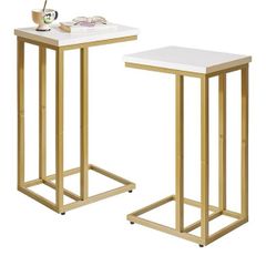 Set of 2 Small Side Table for Laptop, End Table for Sofa, Couch Table with Metal Frame for living Room, Bedroom, Balcony, White and Gold Metal Frame