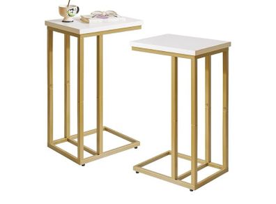 Set of 2 Small Side Table for Laptop, End Table for Sofa, Couch Table with Metal Frame for living Room, Bedroom, Balcony, White and Gold Metal Frame