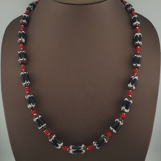 Antique Venetian Style Black Trade & Red Venetian Whiteheart Glass Beads Necklace