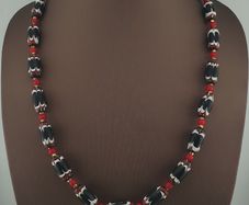 Antique Venetian Style Black Trade & Red Venetian Whiteheart Glass Beads Necklace