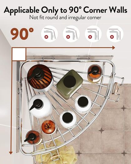 Orimade Corner Shower Caddy Shelf 2 Movable Hooks Stainless Steel - Brand New