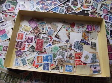 A box with collection of stamps from Great Britain