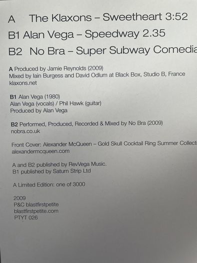 The Klaxons / Alan Vega / No Bra - #6 Alan Vega 70th Birthday Limited Edition EP Series