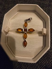 925 Sterling Silver Baltic Amber Cross Pendant