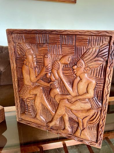 Vintage Hand Carved Deep Relief Large Wooden Wall Art Panel Tribal Village Scene Story Board