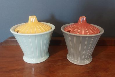 Fabulous Pair of Vintage Art Deco Style Mid Century SylvaC Lidded Preserves Pots Shape Number 2172, in Fabulous 50s Colourways, Priced at E30 Each, or E55 for the Pair