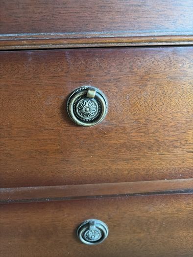 traditional English-style mahogany furniture, this twin-pedestal dressing table, five drawer chest of drawers to match and dressing table stool
