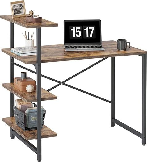 FREE SHIPPING Small Computer Desk with Shelves 100x50x98 cm, Home Office Desk, Study Writing Office Table, 4 Tier Shelf, Brown