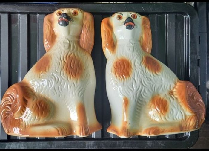 Large Vintage Staffordshire Style Wally Dogs, Pair. Amber Glass Eyes