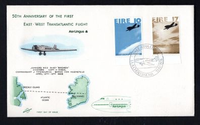1978 Ireland 50th Anniversary of the First East to West Transatlantic Flight Commemorative Stamps Illustrated Hibernian First Day Cover (FDC) with Baile Atha Cliath (Dublin) cancel