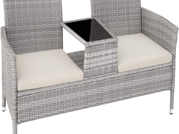 Polyrattan Garden Bench with Table, 2-Seater, for Garden, Balcony and Patio, Plastic Feet, Garden Bench with Seat Cushion, Grey