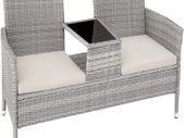 Polyrattan Garden Bench with Table, 2-Seater, for Garden, Balcony and Patio, Plastic Feet, Garden Bench with Seat Cushion, Grey
