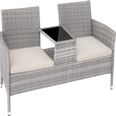 Polyrattan Garden Bench with Table, 2-Seater, for Garden, Balcony and Patio, Plastic Feet, Garden Bench with Seat Cushion, Grey
