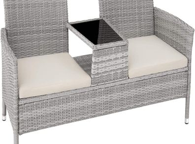 Polyrattan Garden Bench with Table, 2-Seater, for Garden, Balcony and Patio, Plastic Feet, Garden Bench with Seat Cushion, Grey