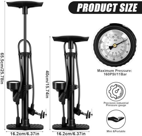 Bike Pump with Pressure Gauge, Bicycle Floor Pump Portable Bike Tyre Pump Stand Pump 160PSI/11Bar High Pressure Bike Air Pump with Presta, Schrader Valves for all Bikes, Road Mountain Bikes & Balls