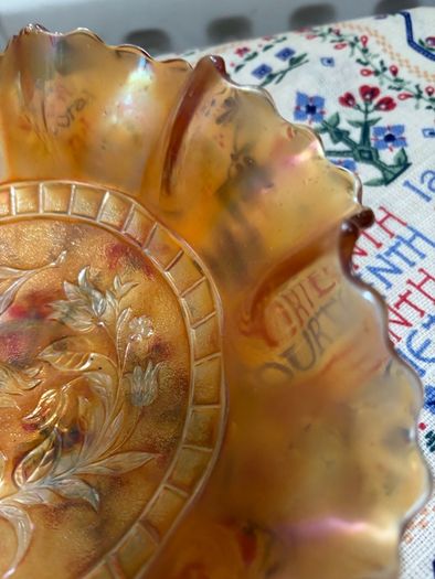 A bundle of vintage - retro pieces, Carnival Glass , Anchor Hocking Fire King, Large Ribbed Glass Butter Dish, Citrus Juicer, Three Footed Glass Sugar Bowl and Jug