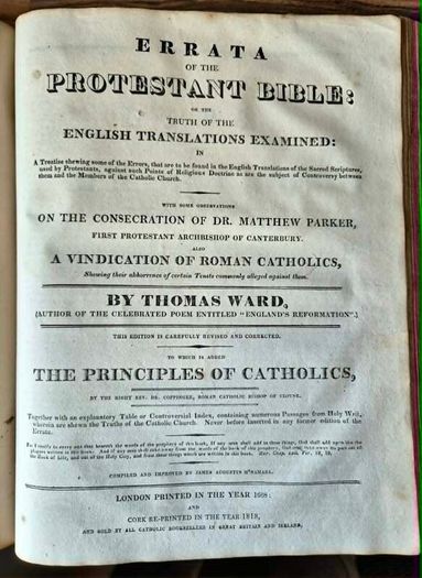 James A. M Namara. Controversial Rhemish Bible. Ireland, Cork City, 1818. The New Testament, Translated From The Latin Uulgate, First Published At The English College, At Rheims, A. D. 1582