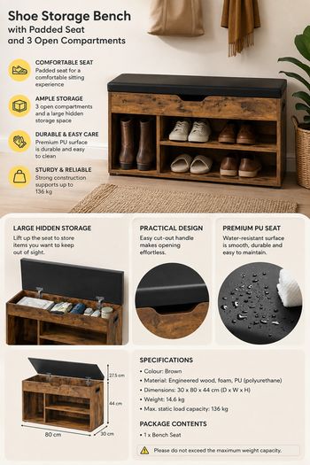 Shoe Storage Bench with Padded Seat and 3 Open Compartments Rustic Brown and Black