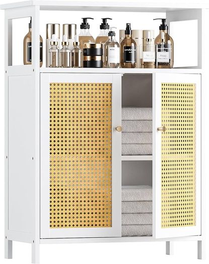 Bamboo Cabinet, Rattan Storage Cabinet with Doors, Freestanding Floor Cupboard for Bathroom, Living Room, Hallway, White